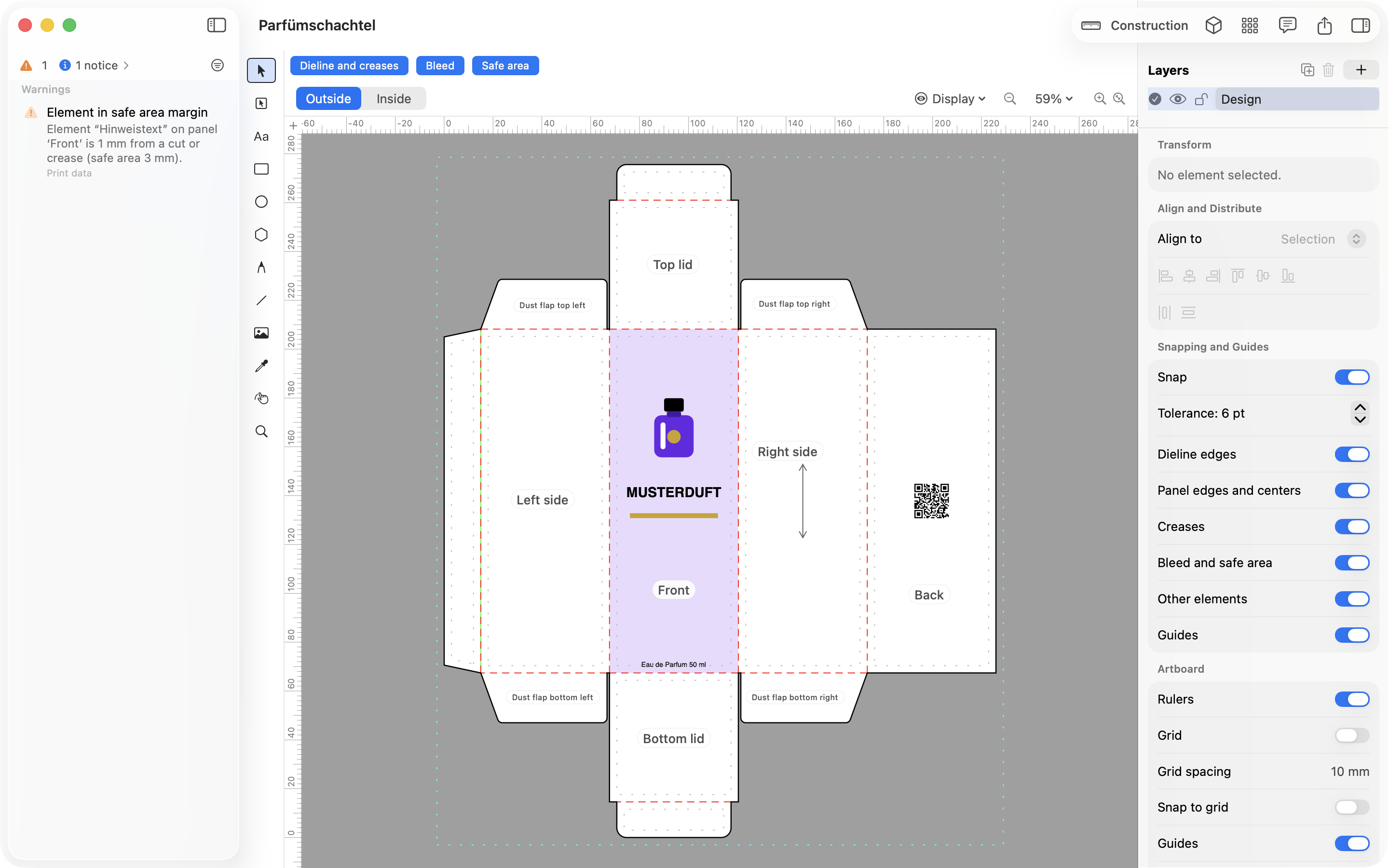 Original JetDieline view: sample perfume artwork on a folding carton, a design layer on the right, and a safety-zone warning on the left.